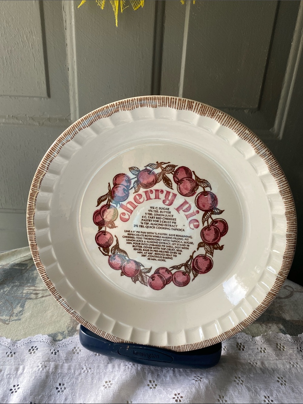 Ceramic Cherry Pie Serving Plate in White and Pink Wreath Design